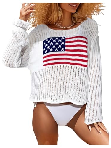 SOLY HUX Women's Hollow Out Knit American Flag Sweater Long Sleeve Pullover Cover Up Knitwear Beach Vacation Outfits White Graphic Medium