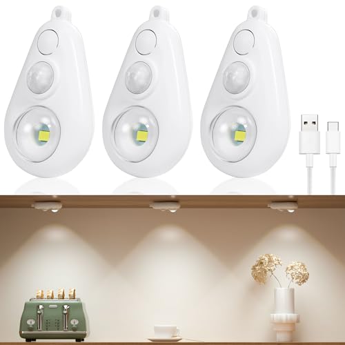 SOAIY 3PCS Luz LED con Sensor de Movimiento, Luces Nocturna Recargable 400mAh con Brillo Ajustable Lámpara Inteligente para Gabinete Pared Pasillos 6000K Blanco Frío