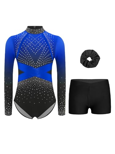 Alvivi Mädchen Turnanzug Glitzer Gymnastikanzug mit Shorts Haarband Strass Gymnastik Leotard Langarm Ballettanzug Wettbewerb Tanzkostüm Blau 158-164