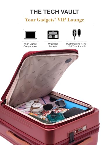 Image of FUR JADEN The Aviator TechPro 55cm German Polycarbonate Travel Luggage Cabin Suitcase with USB Port, Laptop Compartment, 8 StealthTech Shock Absorbing Wheels, TSA Lock (CherryM, Cabin 20 inch)