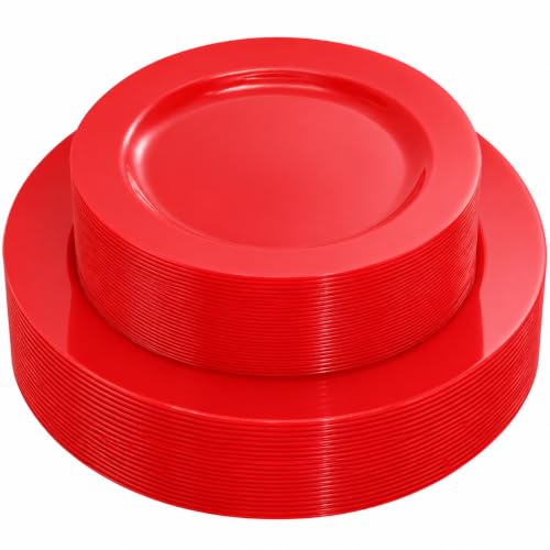 joy akkess 50 PCS Red Plastic Plates Heavy Duty Red Plates Disposable include 25 Dinner (10.25") & Dessert/Salad (7.5") for Valentine's Day, Birthday, Wedding