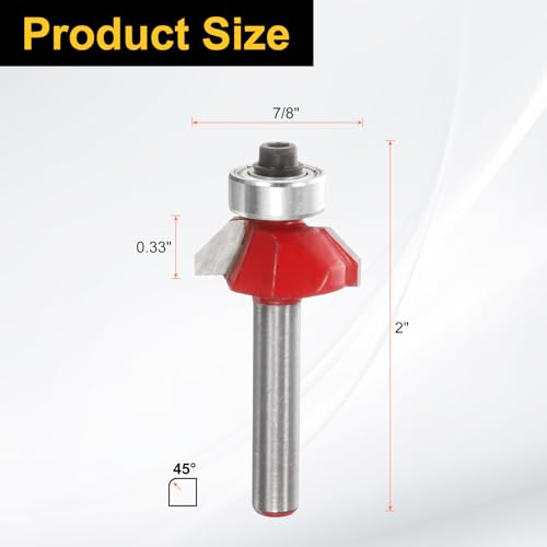 Image of HARFINGTON 2pcs 45 Degree Chamfer Router Bit 1 /4 Inch Shank 0.3 inch Cutting Length Carbide Tip with Bearing for Woodworking Milling Cutter Tool, Red