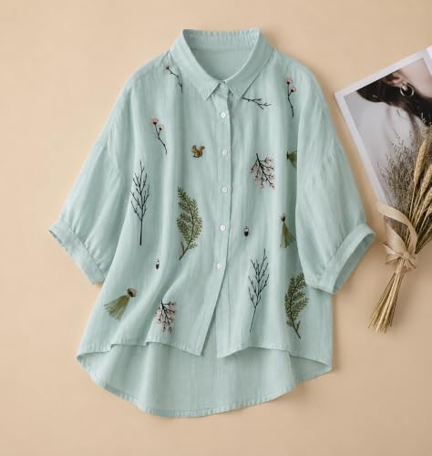 Image of Gufrina Women Designer Botanical Embroidered Korean Style Shirt | Button Down Relaxed Fit | High Low Hem Three Quarter Sleeve | Casual Smart Top-Shirt