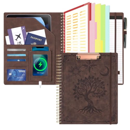 Image of Clipboard with Storage for Men Women, Leather Padfolio Portfolio Organizer 5 Folders with 10 Pockets, Spiral Clipboard Folio with Notepad for Letter Size, Elastic Closure and Pen Loop Brown