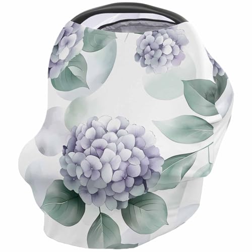 Green Leaves Country Style Nursing Cover for Breastfeeding Scarf, Watercolor Purple Hydrangea Baby Car Covers Super Soft Multi Use for Canopy Shopping Cart Cover Blanket Stroller Cover