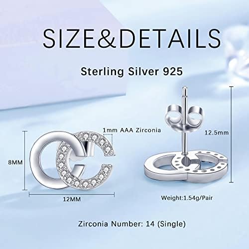 Lydreewam 925 Sterling Silver Letter Double C Earrings for Women with 3A Cubic Zirconia, Diameter 12mm