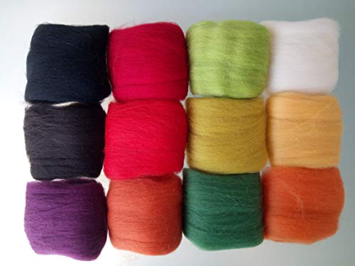 Assorted Merino Wool Roving Tops Pack – 60 g, 12 Colours for Needle Felting, Wet Felting and Spinning (Set E)