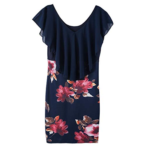 EINCcm Women Floral Print Pencil Dress, Ruffle Batwing Cape Bodycon Dress Slim Fit Casual Tight Dress for Women's Gift(Navy, L)