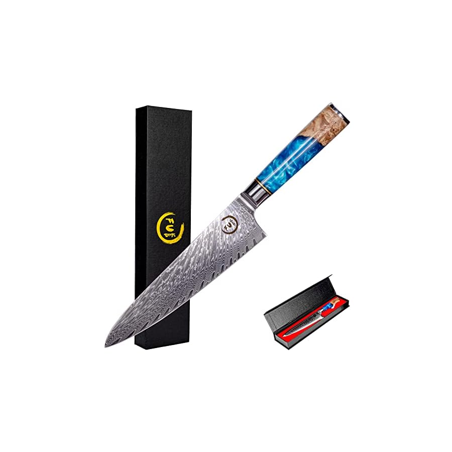 Fukep Chef Knife 8 inch, Damascus Chef Knife VG10 Core Steel with 66-Layers High Carbon Professional Sharp Chefs Knife 8" Blade Ergonomic Beautiful Blue Resin Handle Gift Boxed