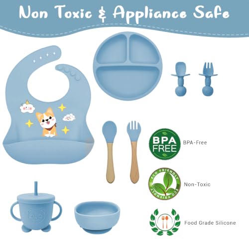 Miniatura 8 de Vajilla De Bebé Silicona, 10 Piezas Juegos De Vajilla Infantil, Cubiertos Con Plato Ventosa, Plato Bebe Ventosa,Tenedor Con Mango De Madera, Bebe De Silicona, Babero Set Vajilla Silicona Bebe