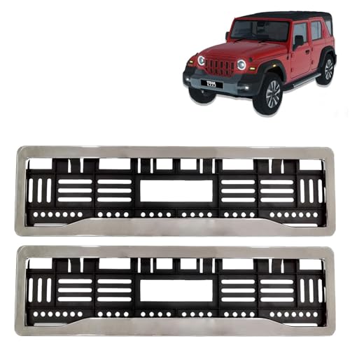 Image of KINGSWAY Thar Roxx Car Number Plate Frames Chrome for All 2024 Onwards Models of Mahindra Car Registration Plate Holders, Licence Plate Covers (Front and Rear), Universal Size 51.5 x 14.5 cm