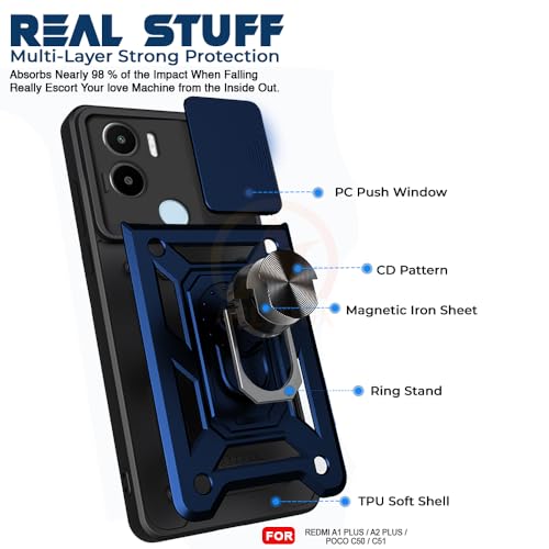 Image of Armor Bumper Back Cover Case for Redmi A1 Plus /Poco C50 | Rotating Camera Cover, Ring Holder & Kickstand | Heavy Duty & 360 Degree Protection Redmi A1 Plus /Poco C50 Back Cover (Blue)