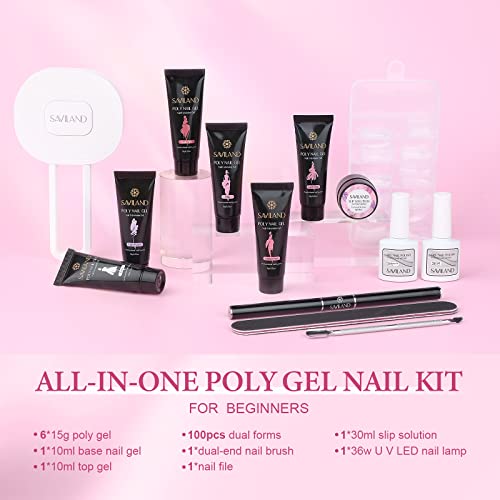 SAVILAND Poly Gel Nail Kit - 6 Poly Gel Colors with 36W Portable Handheld Mini U V LED Lamp for Curing, 28 Days Long- Lasting Poly Nail Starter Kit for Manicure Art DIY