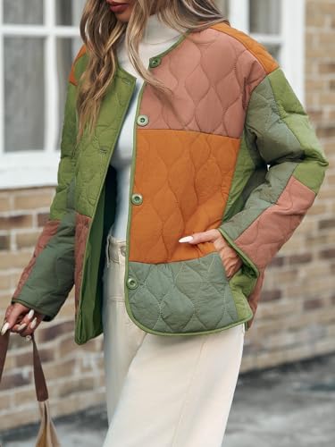 Tankaneo Womens Color Block Quilted Lightweight Jacket Oversized Collarless Puffer Coat Button up Outerwear3
