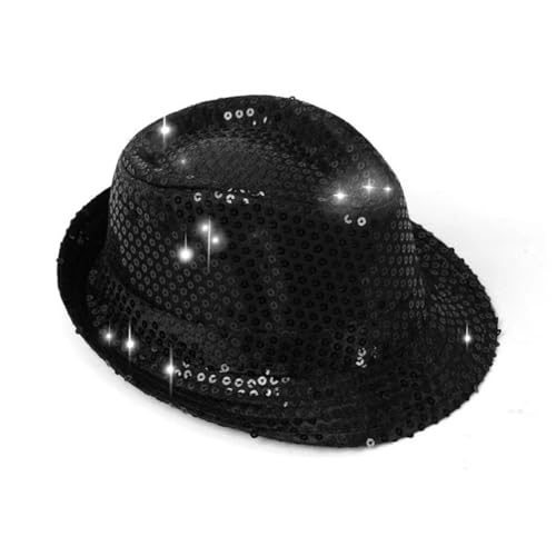 Image of Fresilkora Sequin Fedora Hat for Kids - Dance Performance & Party Accessory, 54CM Black Sequin Top Hat for Halloween, Stage, and Themed Parties