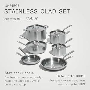 Made In Cookware 10 Piece Stainless Steel Pot and Pan Set 5 Ply Clad Includes Stainless Steel Frying Pans Saucepans Saucier and Stock Pot WLid Professional Cookware Crafted in Italy