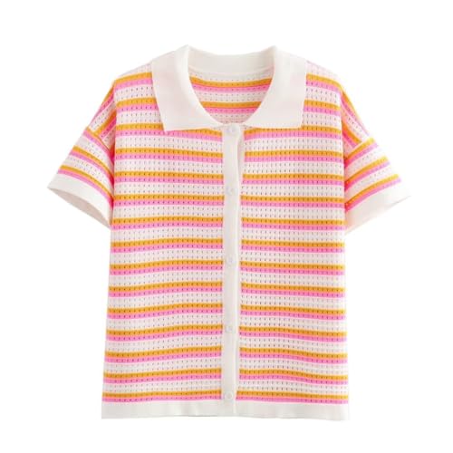 Womens Cropped Short Sleeve Polo Sweater Striped Button Up Collar Knit Tops Crochet T Shirt Blackset02 Small