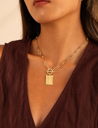 Gold/Silver Layered Cross Toggle Clasp Necklaces for Women, 14K Gold Plated Paperclip Necklace Pendant Rope Choker Chain Trendy Cuban Link Jewelry for Women3