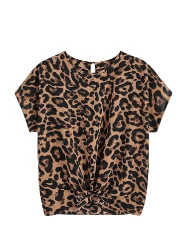 MakeMeChic Women's Plus Size Tee Shirt Leopard Print Knot Front Crew Neck Short Sleeve Summer Top