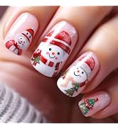 Christmas Press on Nails Red Hat Snowman Fake Nails Short Square Glue on Nails Cartoon Christmas ...