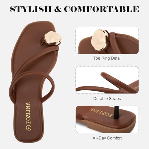 Image of Eozlink Women's Toe Ring Flat Sandals, Slip On Dressy Summer Slides | PU upper with square toe and metal accent for resort and casual outfits
