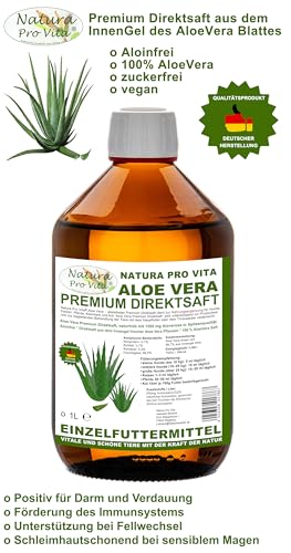 Aloe Vera Pferd Premium Direktsaft aloinfrei zuckerfrei vegan Aloevera Saft aus dem Innengel der Aloe Vera 1L Glasflasche