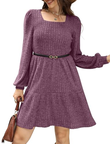 Image of Sampeel Womens Square Neck Long Sleeve Fall Dresses Casual Babydoll Sweater Dress