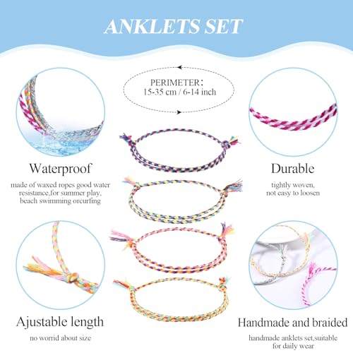 Image of Hicarer 30 Pieces Adjustable Woven Anklets Bracelets Bohemian Braided Rope Bracelets Waterproof Wax Coated Anklets for Women