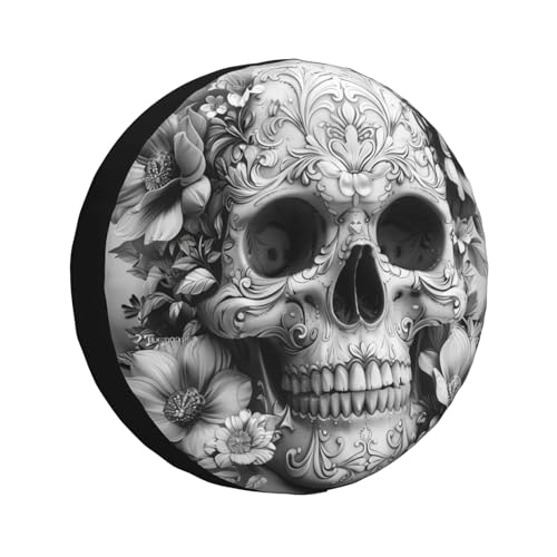 Image of Skull with Flowers Spare Tire Cover, Universal Wheel Tire Cover Funny Skull Skeleton Tire Protectors for Trailer RV SUV Truck Camper 17 Inch