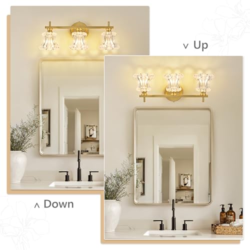 Image of Gold Bathroom Light Fixture 3-Lights Vintage Vanity Lights | Easy Installation,Elegant Clear Glass Shades,Wall Mount Up or Down