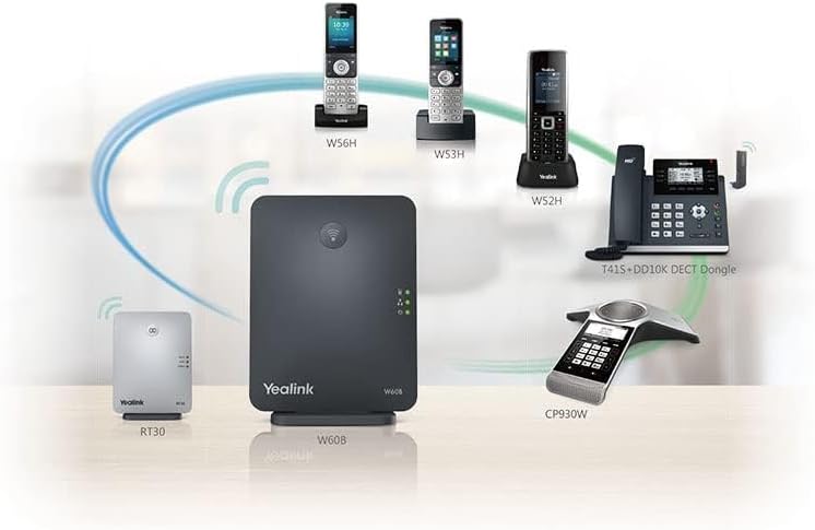 Diagram of Yealink W60B DECT Base with various Yealink DECT devices