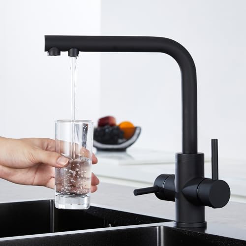 CREA 3 Wege Wasserhahn Schwarz, 360° Drehbar Küchenarmatur, 3 in 1 Mischbatterie Küche für Wasserfilter, Trinkwasserhahn mit 2 Hebel, Drei Wege Armatur, Matt Schwarz