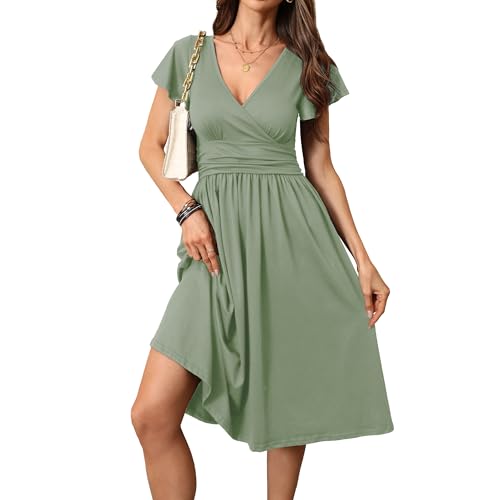 Women's Fall Casual Ruffle Short Sleeve Wrap V-Neck A-Line Loose Fit Swing Party Work Midi Dress with Pockets