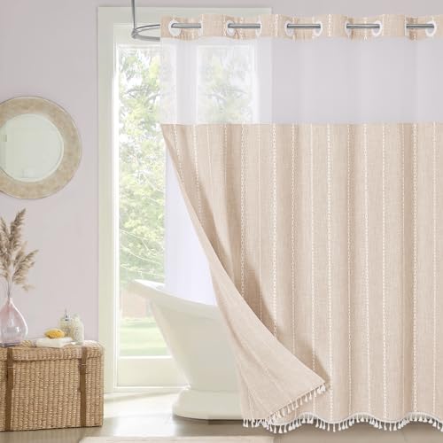 No Hooks Needed Farmhouse Shower Curtain with Snap-in Liner - with Window & Magnets, Boho Cotton Linen Fabric Shower Curtains with Tassels for Rustic Bathroom Decor, Beige/Cream, 72 x 74
