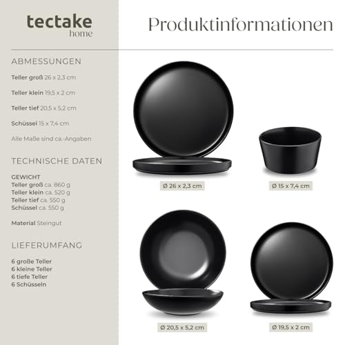 tectake® 24-tlg. Geschirrset, Tafelservice 6 Personen, Steingut Geschirr Set schwarz, Teller Set mit Schalen, Speiseteller, Frühstücksteller, tiefe Teller und Schüsseln - schwarz
