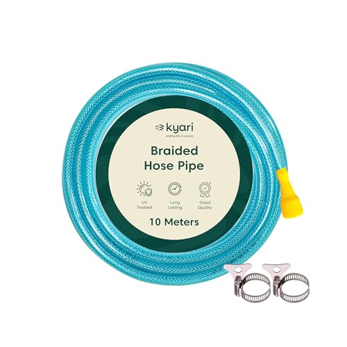 Image of Kyari Garden Hose Pipe Braided 10 Meter 0.5 Inch with Nozzle & Clamp - Heavy-Duty Flexible PVC Water Pipe for Home Garden, Plants, Car Wash, Cooler Filling, Balcony & Outdoor Use