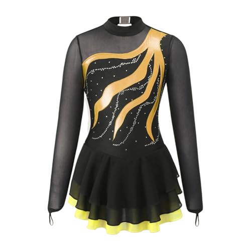 Maillot de Gimnasia Leotardos Vestido de manga larga con diamantes de imitación for patinaje artístico for niñas, vestido de retazos for ballet, gimnasia, baile, ropa de actuación for niños(Yellow A,1