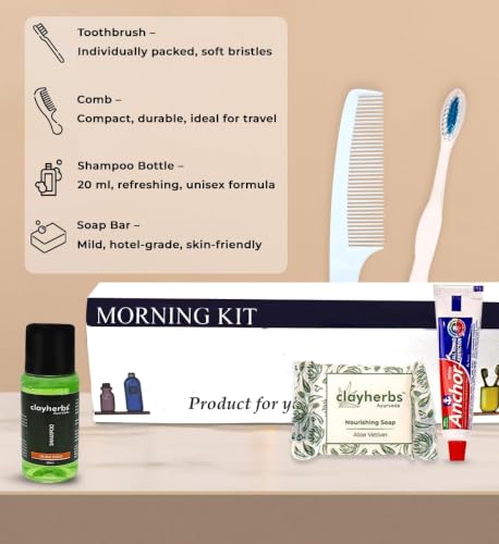 Image of Pack-50kit Morning Kit In Card Box and Free Dental Floss With Each Kit | Hotel Accessories | Hotel Guest House Toiletries Kit | 20 Ml Shampoo, 15g Soap, Comb, 8g Toothpaste & A Brush