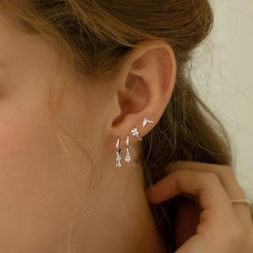 Silver Earrings Set for Women, Dainty Huggie Hoop Earrings 14k Gold/Silver Plated Lightweight Cartilage Earrings Trendy Hypoallergenic Silver Diamond Earrings Small Silver Hoop Earrings Set Silver Jewelry4