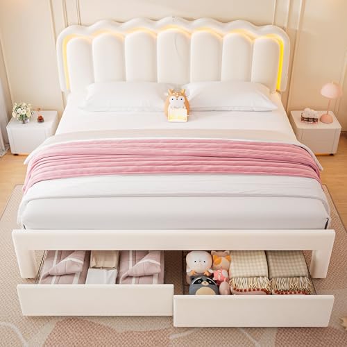 King Upholstered LED Bed Frame with 2 Storage Drawers and Adjustable Chic Double Wavy Headboard, Velvet Princess Platform Bed with Charing Station, Solid Wood Slats Support, No Box Spring Needed,Beige