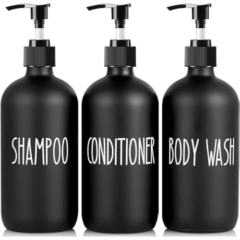 ALELION Glass Shampoo and Conditioner Dispenser Set of 3-16 oz Refillable Shampoo and Conditioner Bottles with Pump - Black Shower Soap Dispenser for Bathroom Decor and Accessories Cover