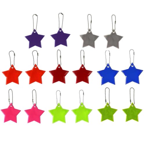 ZelongChen 16Pcs Night Walking Cycling Star Reflective Pendants Waterproof Bag Plastic Reflective Pendant Useful Reflective Star Keyrings for Cycling, Walking, Running