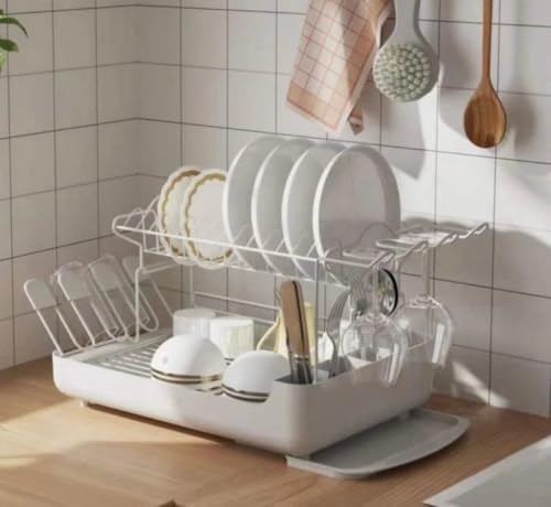 HomeCloud 2-Tier Dish Rack with Pull-Out Drain Tray – Large Capacity Dish Organizer with Cutlery Holders, Cup & Wine Glass Rack for Efficient Kitchen Countertop Storage | 46x30x16cm | White (B0DFH184ND) Amazon Price History, Amazon Price Tracker
