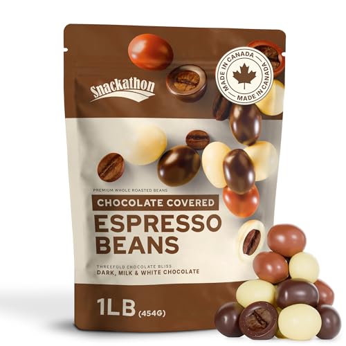 Snackathon Chocolate Covered Espresso Beans, Trio Blend (Dark, Milk & White), 1 Pound Bulk Resealable Bag, Gourmet Snack for Coffee Lovers