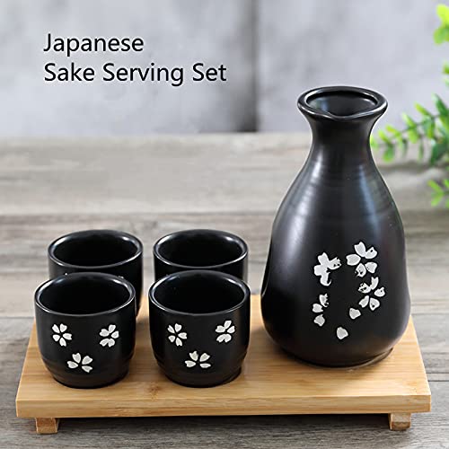 Newqz Japanese Sake Set Traditional Cherry Blossom 1 Bottle And 4 Cups With Bamboo Tray Sake Serving Set, Black #TOP1