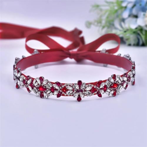 Women Red Rhinestone Bride Thin Belt Wedding Dress Accessories Banquet Dress Belt2