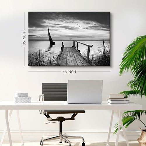 Image of Black and White Nature Wall Art Beach Landscape Pictures Wall Decor for Living Room Coastal Poster Canvas Prints Vintage Sailboat Scenery Paintings Seascape Artwork Home Office Decorations 32x48 inch
