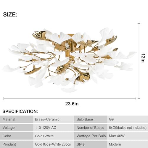 Image of Modern Chandelier Ceiling Light, Gold Ceramic Ginkgo Leaf Chandeliers Brass Chandelier Light Fixture for Kitchen Living Room Dining Room, 24 inch Ceiling Light Fixture