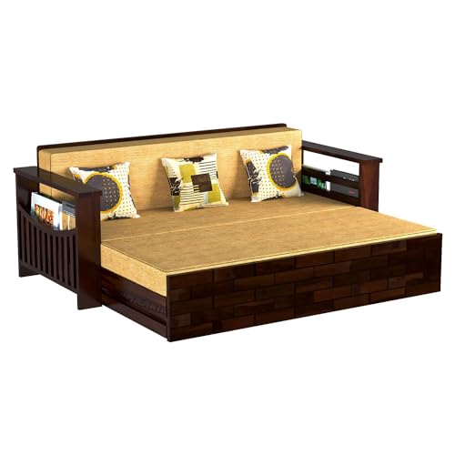 Image of Mamta Furniture Solid Wood Foster 3 Seater Sofa Cum Bed with 40 Density Cushions for Living Room, Three Seater Sofa Bed for Home, Sofa Com Bed, Sheesham Wood Natural Walnut Finish