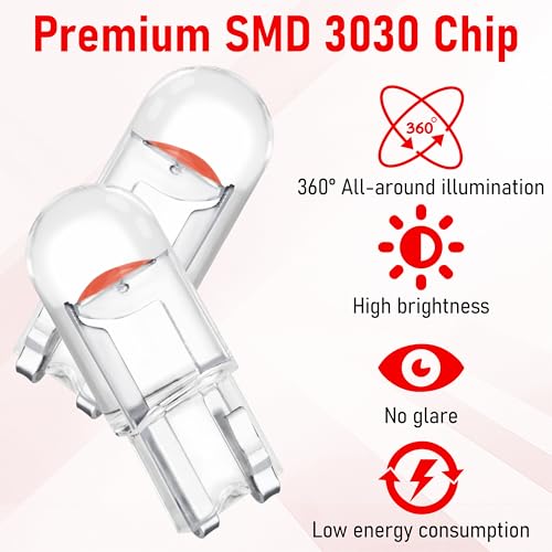 Image of ecocstm 30 PCS Car 194 LED Bulbs, 168 2825 W5W T10 Wedge COB LED Replacement Bulb, Error Free Interior Bulb for Dashboard Light, Dome Lights (Red)